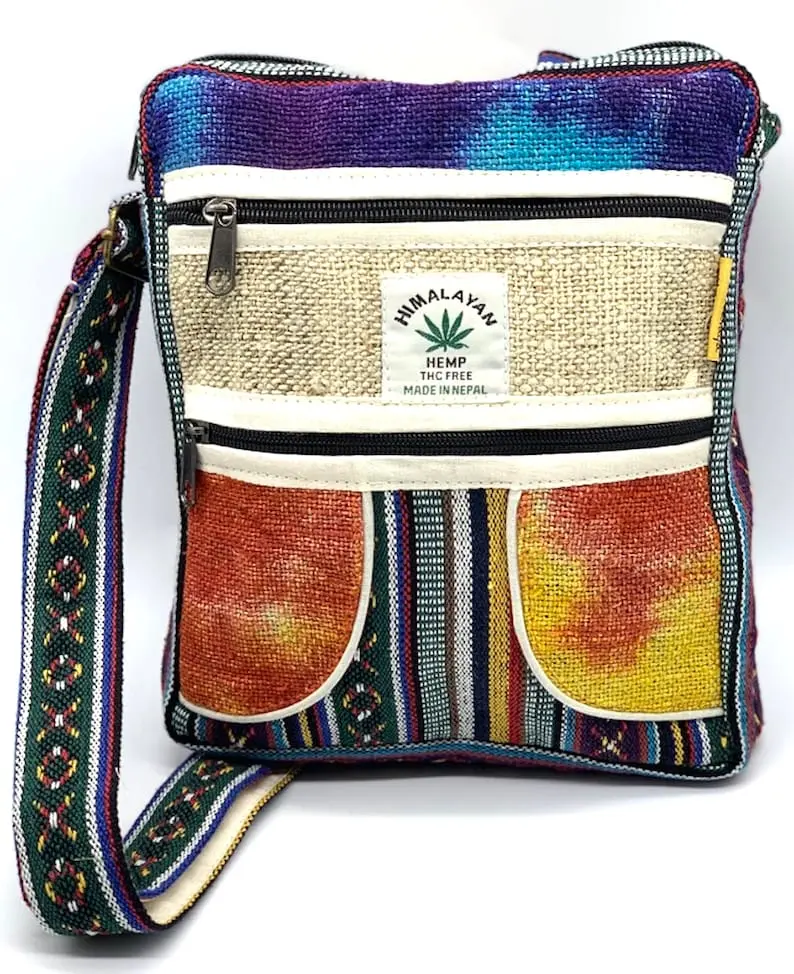 Tie Dye Hemp Crossbody Bag Handmade Hippie Hobo, Fair Trade
