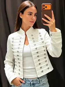 Cropped Button Denim Jacket Demi-Season 2026 Y2K Light Wash Blue O-Neck Long Sleeve Top Fitted Jean Jacket Women Casual Fashion Streetwear Coffee Runs Night Out Outerwears