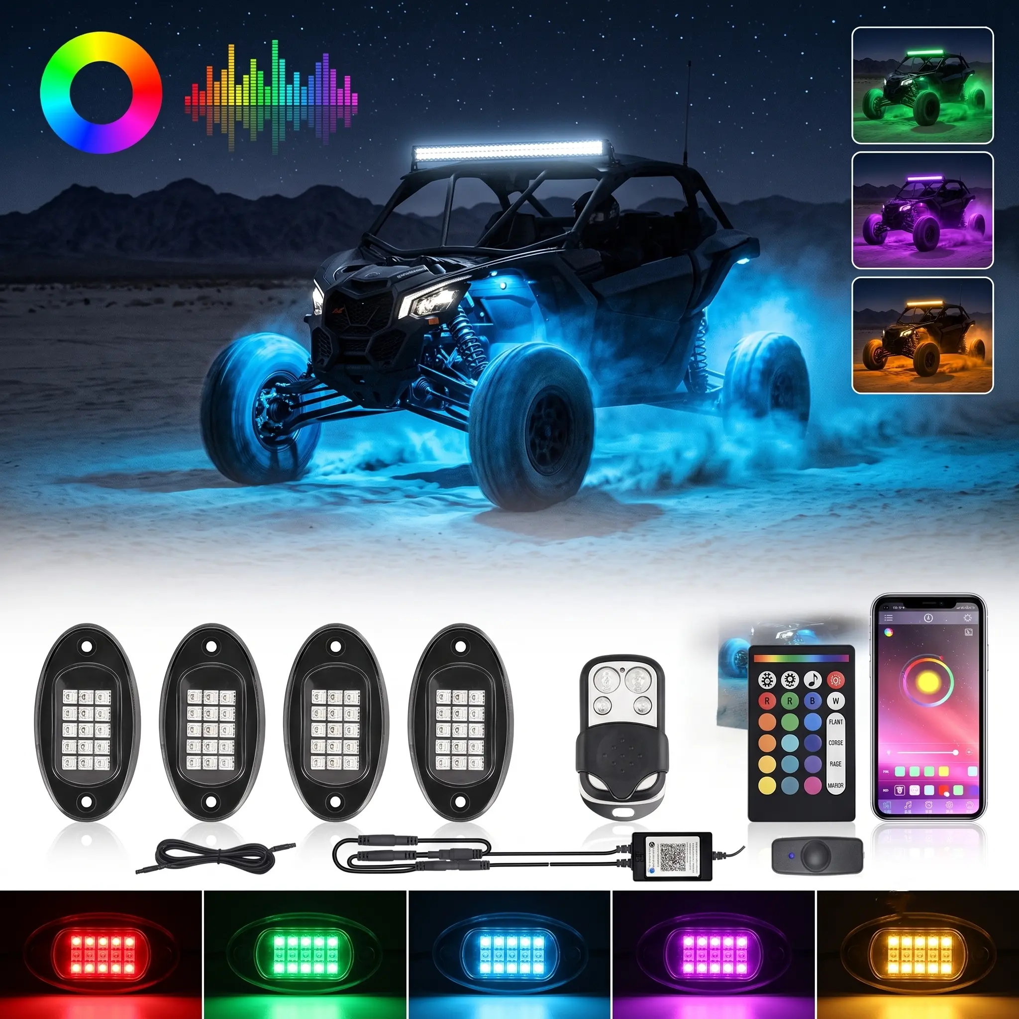RGB LED Rock Lights 4 Pod 12V Waterproof Multicolor Underglow Kit With APP Music Mode For ATV UTV Truck Vehicle Accent Underbody Accessory