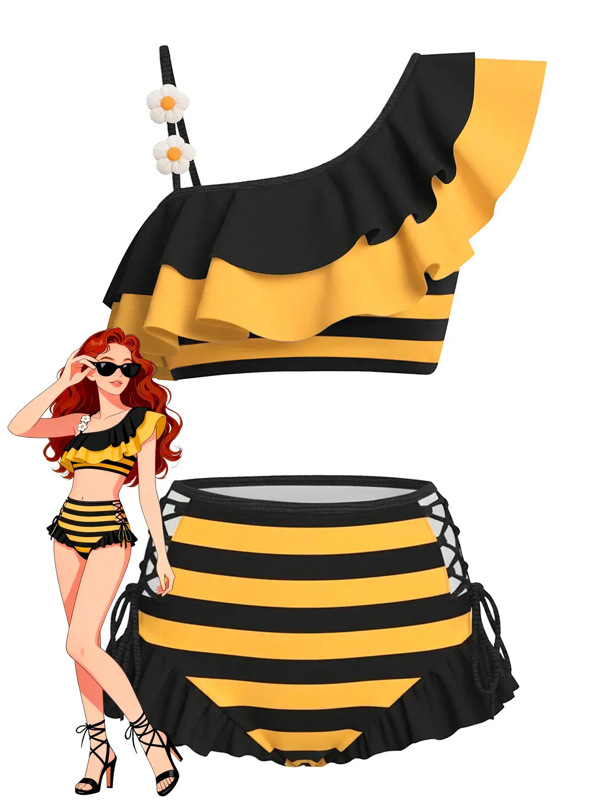 RETRO STAGE Women's 1940s Retro Bikini Set, 2-Piece Bee Stripe Strapless Bandeau with Ruffled Daisy & High Waisted Bottoms, Removable Pads, Beach Party, Medium Stretch, Tankini Swimsuit