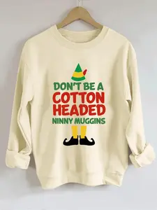 Women's Letter & Elf Print Crew Neck Sweatshirt, Casual Long Sleeve Pullover for Fall & Winter, Women's Clothes for Daily Wear