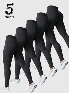 5 Pcs Women High-Waist Seamless Yoga Pants, Soft Elastic Ribbed Compression Sport Tight, Adjustable Waistband, All-Season Fitness Wear, High Waisted Leggings