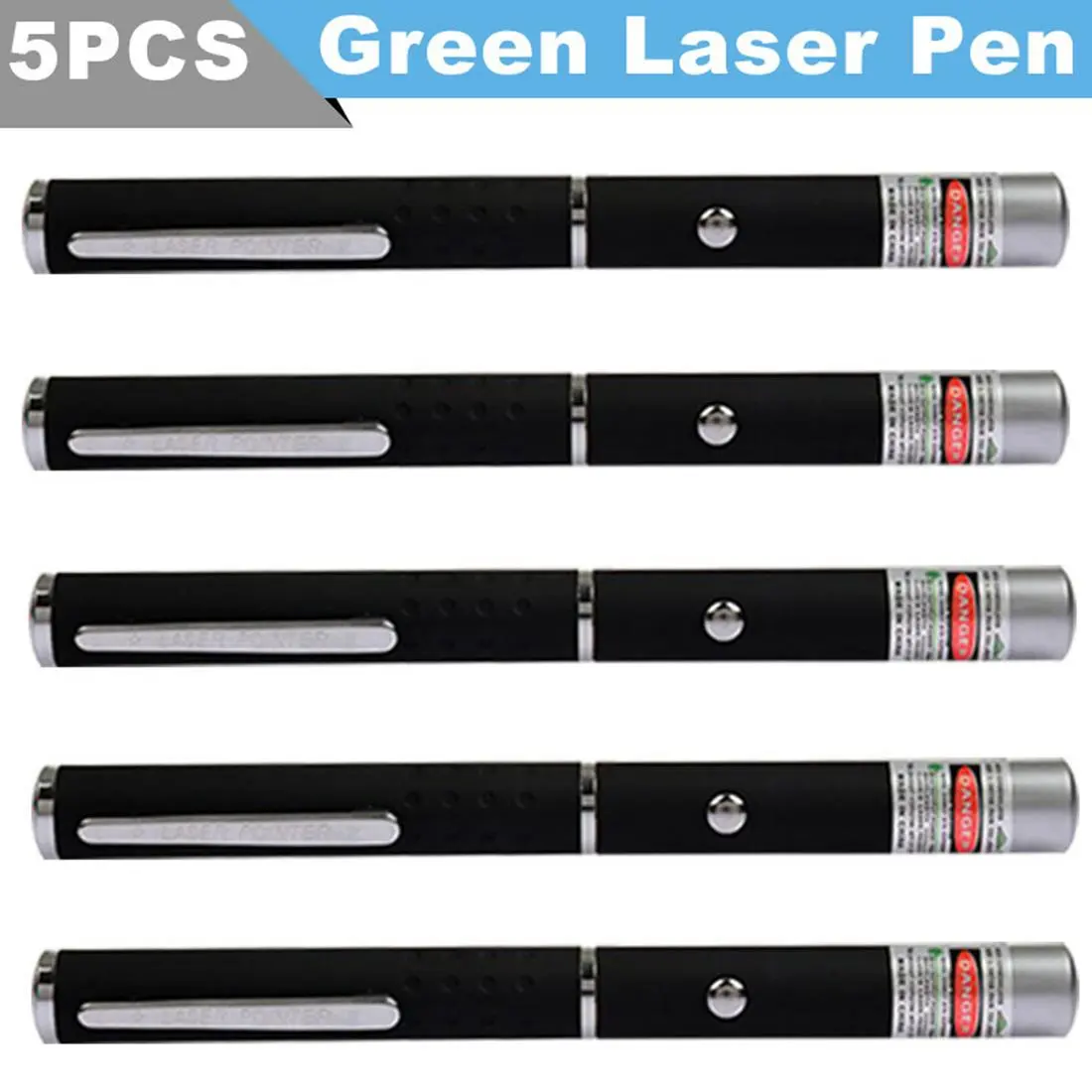 5 Pack Green Laser Pointer Pen – 532nm Visible Beam for Presentation, Teaching, Astronomy, Outdoor Hiking, Camping & Wilderness Guide Signal, Black