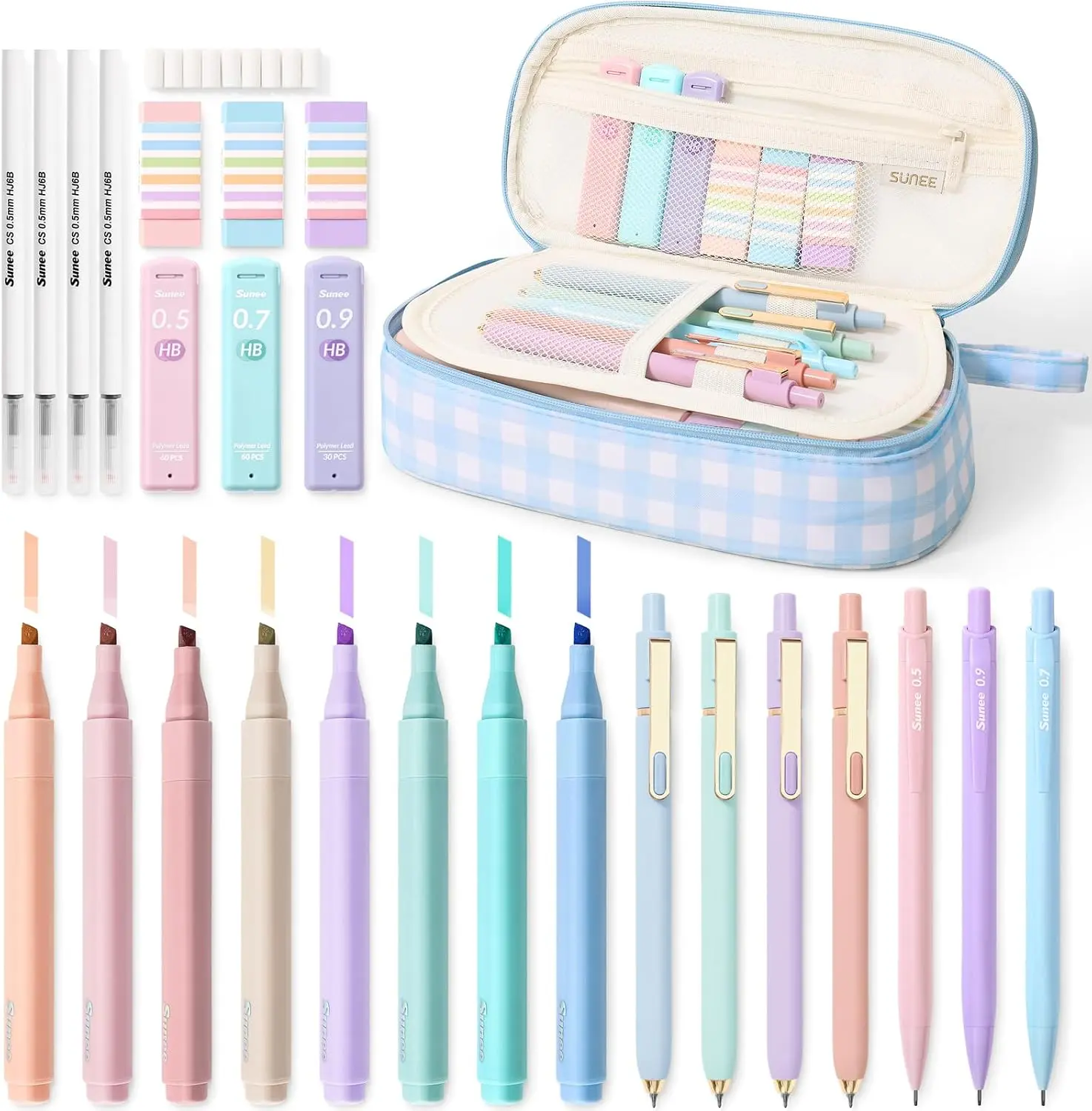 SUNEE 35PCS Aesthetic Office & School Stationery Set with Cute Pencil Pouch, Pastel Highlighters, Black Gel Pens, Mechanical Pencils & Refills, Blue Checkered Supplies for Students