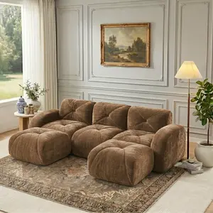 Eyisean 110.6'' Boneless Couch with Tufted, 32D High Density Sponge, Modular Sectional Couches For Living Room, 3 Seater Cloud Couch with Ottoman, Retro Velvet Floor Sofa for Bedroom, No Assembly Required