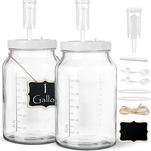2 Pack 1 Gallon Large Fermentation Jars with 3 Airlocks and 2 SCREW Lids(100% Airtight Duty Lid w) - Wide Mouth Jars w Mark - Pickle Jars for Sauerkraut, Sourdough Starter