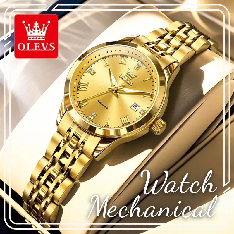 OLEVS 7062 Women's Elegant Round Dial Automatic Self-Winding Analog Mechanical Watch - Single Date, Luminous Hands, Daily Splash-Resistant Jubilee Stainless Steel Bracelet, High Quality Classic Watch, Premium Formal Gift For Wife, Analog Mechanical Watch
