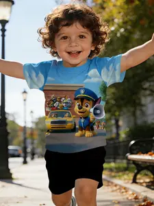Paw Patrol Conductor Chase Paw Patrol Digital Print T-shirt Digital Print Infant & Toddler Short Sleeve Set, Baby Casual Kids' Clothing, T-shirt Suitable for Daily and Outdoor Sports, 100% Polyester, Perfect Gift for Infants and Toddlers!