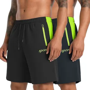 Men’s 2-Pack Quick-Dry Athletic Shorts – Neon Green Color Block Design, Zippered Pockets, Suitable for Gym, Running, and Everyday Wear