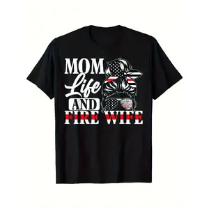 Men's Firefighter Mom Life & Fire Wife Patriotic American Flag T-Shirt - Retro Graphic Tee with Helmet & Axes Design