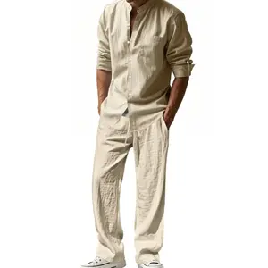 Men's Linen Two-Piece Set, Beach Shirt & Casual Loose Pants, All-Season Comfortable Breathable for Vacation & Leisure