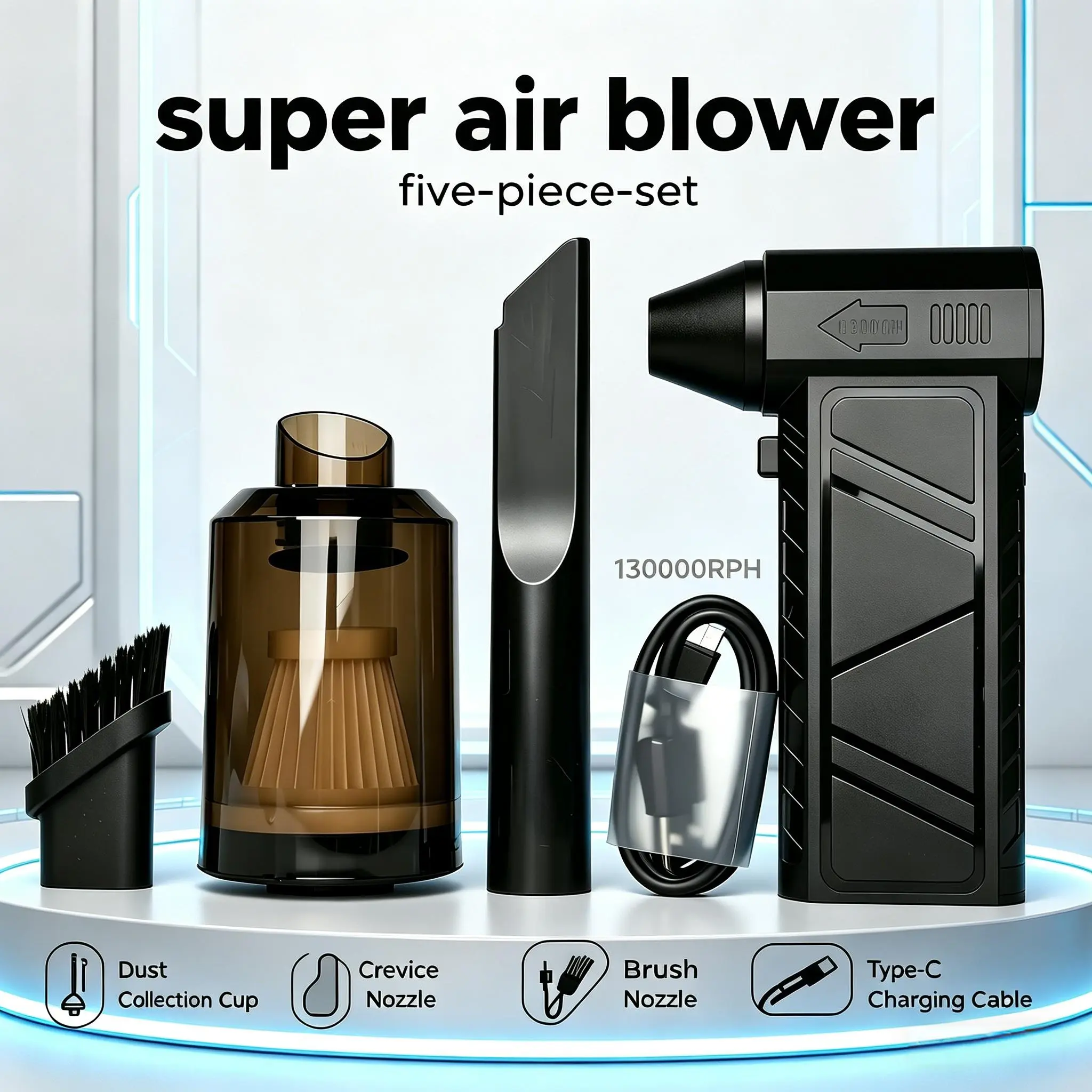 High Power Handheld Portable Cordless Turbo Fan Blower with 5 Nozzles, Large Rechargeable Battery for Keyboard, Office Use, Handheld Portable Blower, Cordless Blower