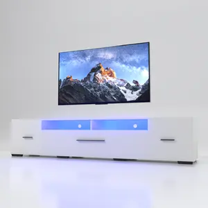 LED TV Stand for 55-80 Inch TV, Modern Entertainment Center Equipped with Power Outlet, 60 70 80 Inch Wood Grain Surface TV Console for Homes & Apartments, White