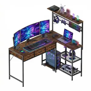 L Shaped Gaming Desk with Power Outlets, 50" Reversible Computer Desk with Storage Shelves & 3 Drawers, Corner Home Office Desk for Small Space