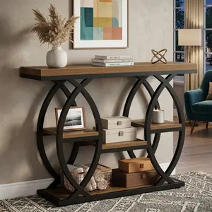 39.4 Inch Rustic Brown Console Table, 4-Tier Industrial Narrow Sofa Entryway Table, Wood Accent Side Table with Storage Shelf for Hallway Foyer Living Room Apartment
