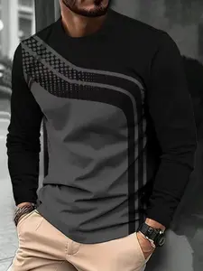 Men's Casual Classic Simple Minimalist Long Sleeve T-Shirt, Spring & Fall Daily Wear, Round Neck Design, Striped Pattern, Fitted Style, All Seasons