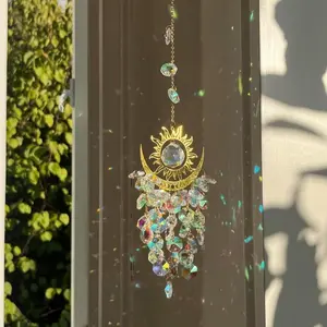 Crystal Sun Catcher with Sun and Moon Design, Hanging Indoors or Outdoors to Capture Sunlight, Romantic and Artistic Decoration Wall Hanging Ornament Suitable for Window, Hallway, Home and Garden