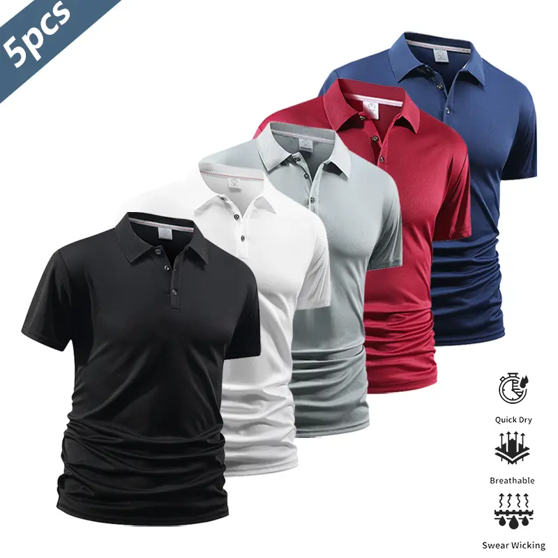 Men's Polo Shirts, 5-Pack Casual Short-Sleeve Golf Tops, Quick-Drying Moisture-Wicking Fashion Apparel with Contrast Trim for Travel, Smart Casual Style, Fitted, Quick Dry