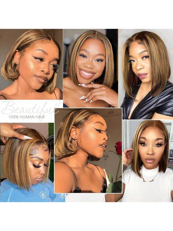Highlight Bob Wig Colored 4/27 Highlight Bob 13X4 HD Lace Front Wig Straight Human Hair Pre Plucked With Baby Hair Ombre Brown Honey Blonde Bob Wigs For Women,8-16 inch,Natural Look for Everyday HD Lace Frontal Natural Looking Hair
