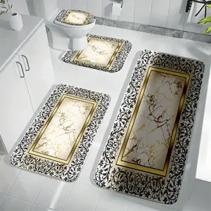 4pcs Bathroom Anti-Slip Mat Set with Floral Borders  Luxurious Marble Pattern Print  Extra Long And Thick Toilet Carpets  Comfortable U-Shaped Toilet Pads  Toilet Seat Covers  Bathroom Rugs  Bathroom Decor