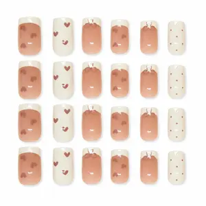 24Pcs White French Tip Press on Nail Sets Nude Medium Square False Nails With Red Heart Bow Star Design Fake Nails For Women Daily Wear Valentine Party Reusable Stick On Nails