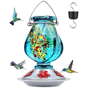 Hummingbird Feeder, Hand Blown Glass Hummingbird Feeders for Outdoors Hanging, with Ant Moat and 5 Feeding Ports, 22 Ounces, Blue, Birthday Gifts for Women Men, Gifts for Mom Dad