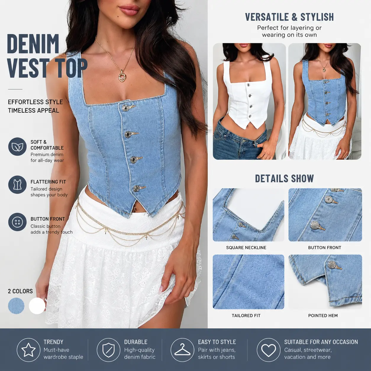 Women Square Neck Sleeveless Denim Corset Vest, Front Button Down Cropped Cowboy Tank Top, Asymmetric Hem Fitted Camisole, Spring Summer Layering Street Outfit Gift for Her White Light Dark Blue Multi Sizes-DTY