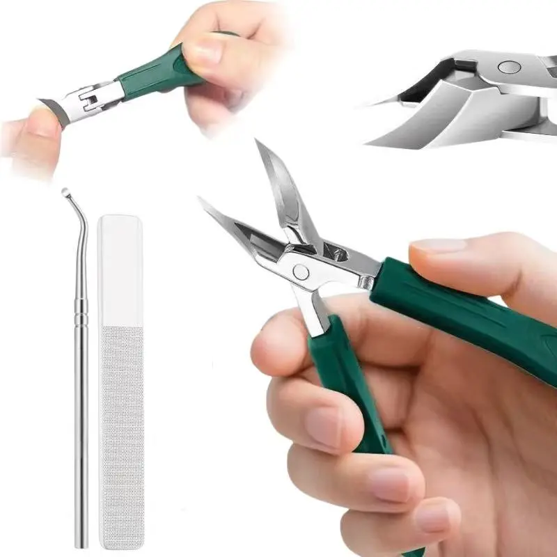 Eagle Beak Nail Clippers, 25° Anti-Splash Slanted Nail Clippers Set (3-Piece), Wide Jaw Opening & Long Handle Design for Thick & Ingrown Nails, Senior-Friendly Ergonomics, Includes Nail File (Green)