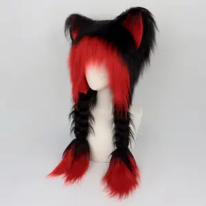 Cute plush cat hat with fluffy ears, a soft and cuddly animal headpiece with braids, perfect for cosplay and winter party outfits.