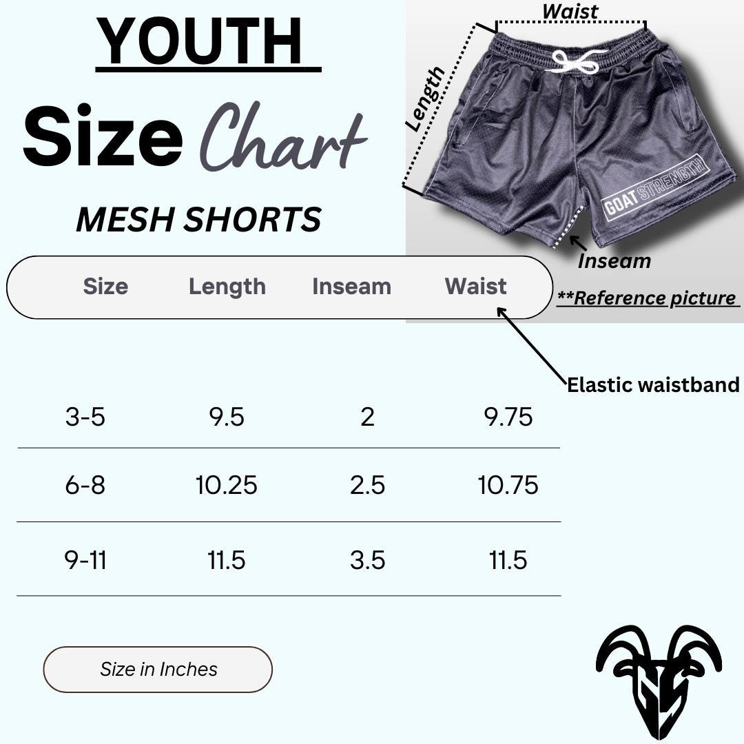 GOAT Strength YOUTH Checkered Mesh Shorts – Zipper Pockets PLEASE REVIEW OUR SIZING CHART