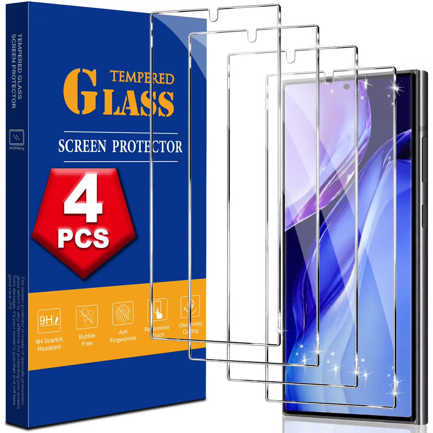 4 Pack Tempered Glass Screen Protector for Samsung Galaxy S26/S25/S24 Ultra Plus, 9H HD Clear, Fingerprint Compatible, Case Friendly