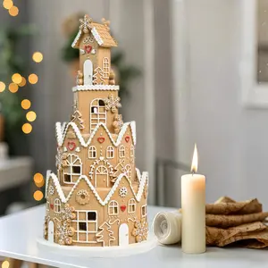 Creative Gingerbread House Resin Christmas Decorative Ornaments 12-inch with LED Lights Holiday Decorations for Festive Home Decor