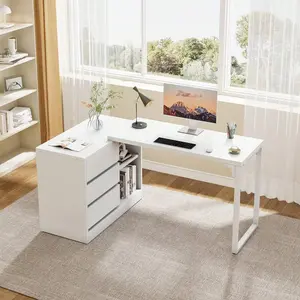 L-Shaped Computer  With Drawers And Shelves, Reversible White Corner Office  With Storage Cabinet, Modern Study Writing Table For Home Office, Bedroom Rolling Standing Desk