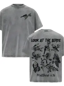 Bird-Themed Bible Verse Jesus T-Shirt, Matthew 6:26 Christian Pattern T-Shirt, Vintage Washed Faith Shirt, Religious Scripture Top, Spiritual Nature  And Sparrow Clothing, Christian Clothing Gifts For Believers