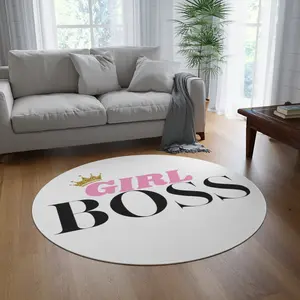 Chic Pink Girl Boss Rug with Gold Glitter Crown, Feminine Office Decor, Inspirational Queen Mat