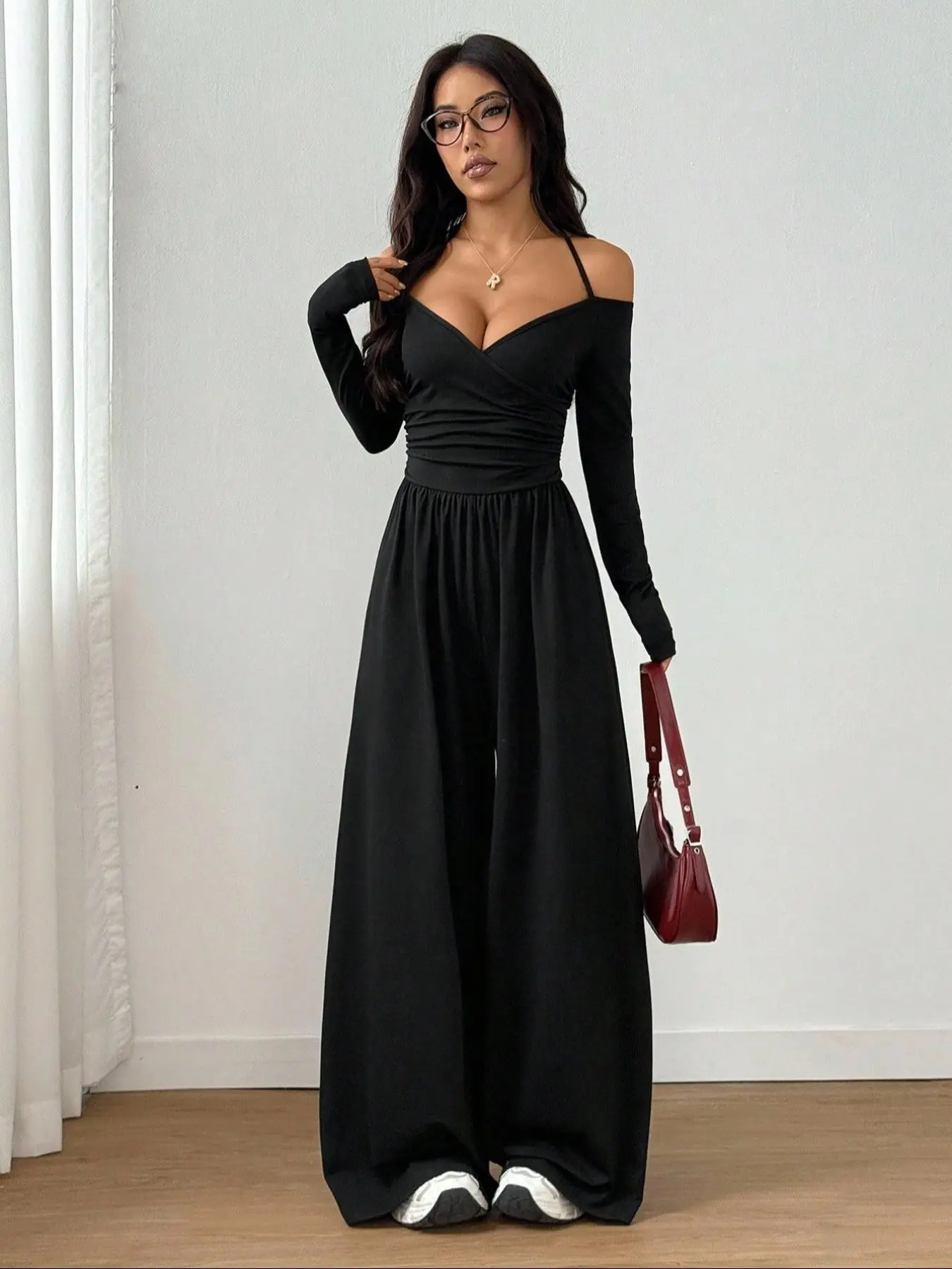 Women's Spring Summer Knitted Casual Jumpsuit, Womenswear, Shoulderless Adjustable Ruched Wide Leg Pants, Chic Fashion Aesthetic Design, Daily Commute Wear