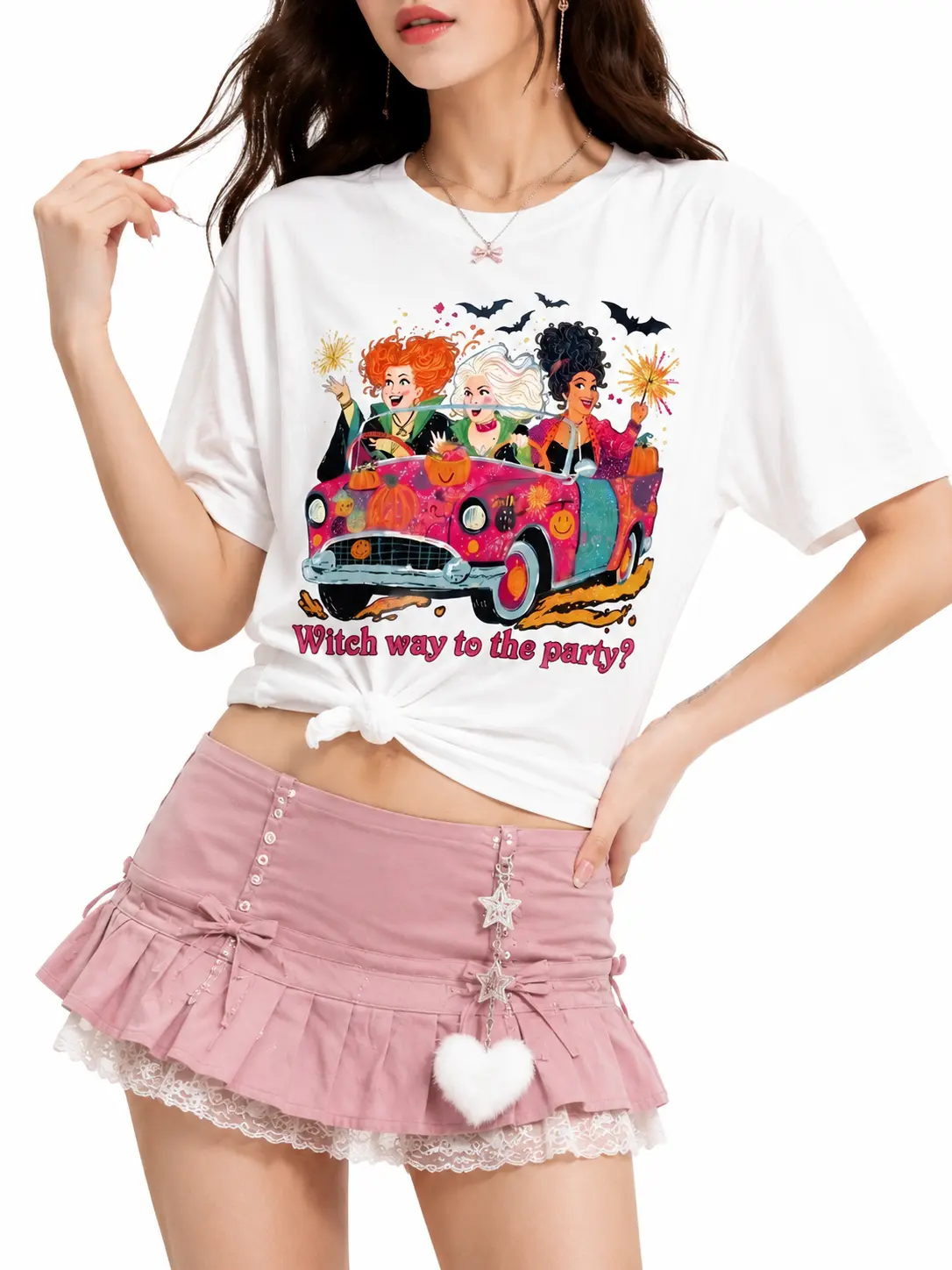 Graphic T-Shirt for Women, Witch Party Cartoon Print Tee, Halloween Crew Neck Short Sleeve Casual Top