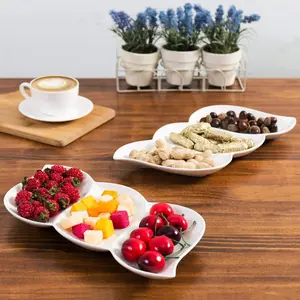 3-Compartment Wave Design White Serving Tray, Ceramic Appetizer Platter, Set of 2