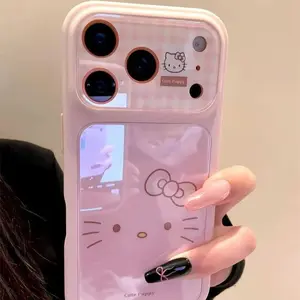 Cute pink plaid KT cat phone case suitable for iPhone 17 Pro Max, Apple 16 Pro, 15/14, and 13