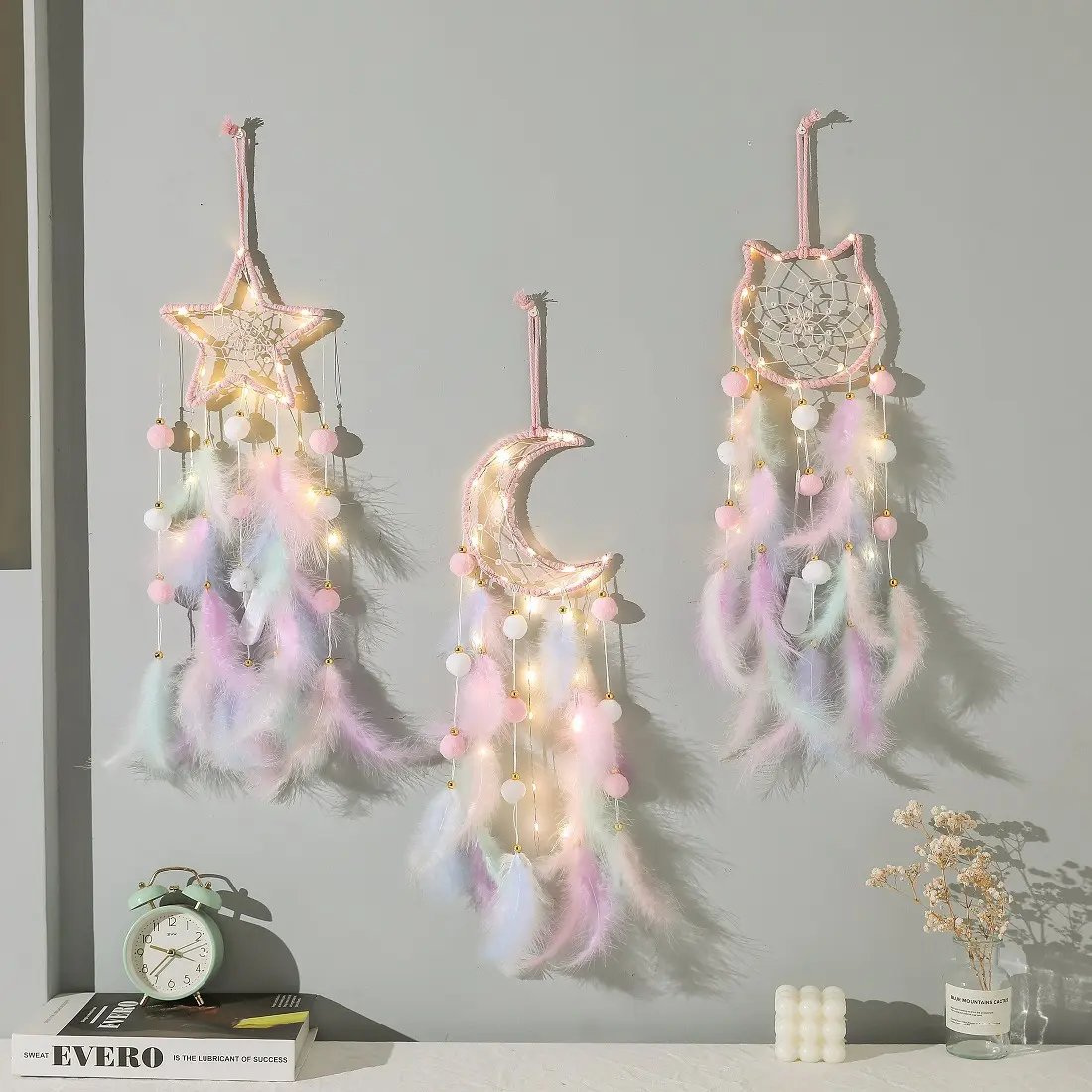 3 Pcs Dream Catcher Moon Sun Star Design Handmade Traditional Design Craft Ornament Wall Art Hanging Home Decoration Bedroom Wedding(Macaron Color)