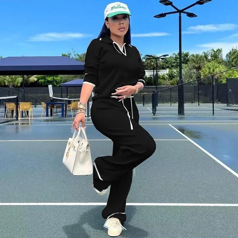 two-piece set woman Autumn Winter Knitting Casual Tracksuit for Women Two Piece Set Sportwear Striped Sweater Top and Wide Leg Pants Jogging Femme Clothes Fitted Womenswear Check Light