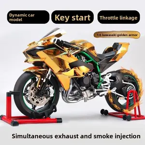 1:6 Scale Kawasaki Ninja H2R Gold-Plated Die-Cast Motorcycle Model, with Key Ignition, Throttle-Linked Rear Wheel, Exhaust Smoke & Sound Effects, High Detail Replica for Collectors & Gifts