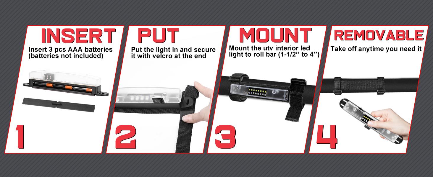 UTV Roll Bar Mount Dome Light - Universal Interior LED Light with White/Red Interior Lighting for Polaris RZR, Can Am, Tacoma, Kubota, GMC F250, Talon, Kawasaki Mule Teryx, Yamaha UTV/ATV, Boat, Cub Cadet Challenger, Maverick