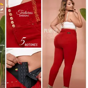 IBCJEANS Primium Red Jeans with Faja Panty & 5 Bottoms Push Up Texturas Bordadas 5 Botones Design Denim