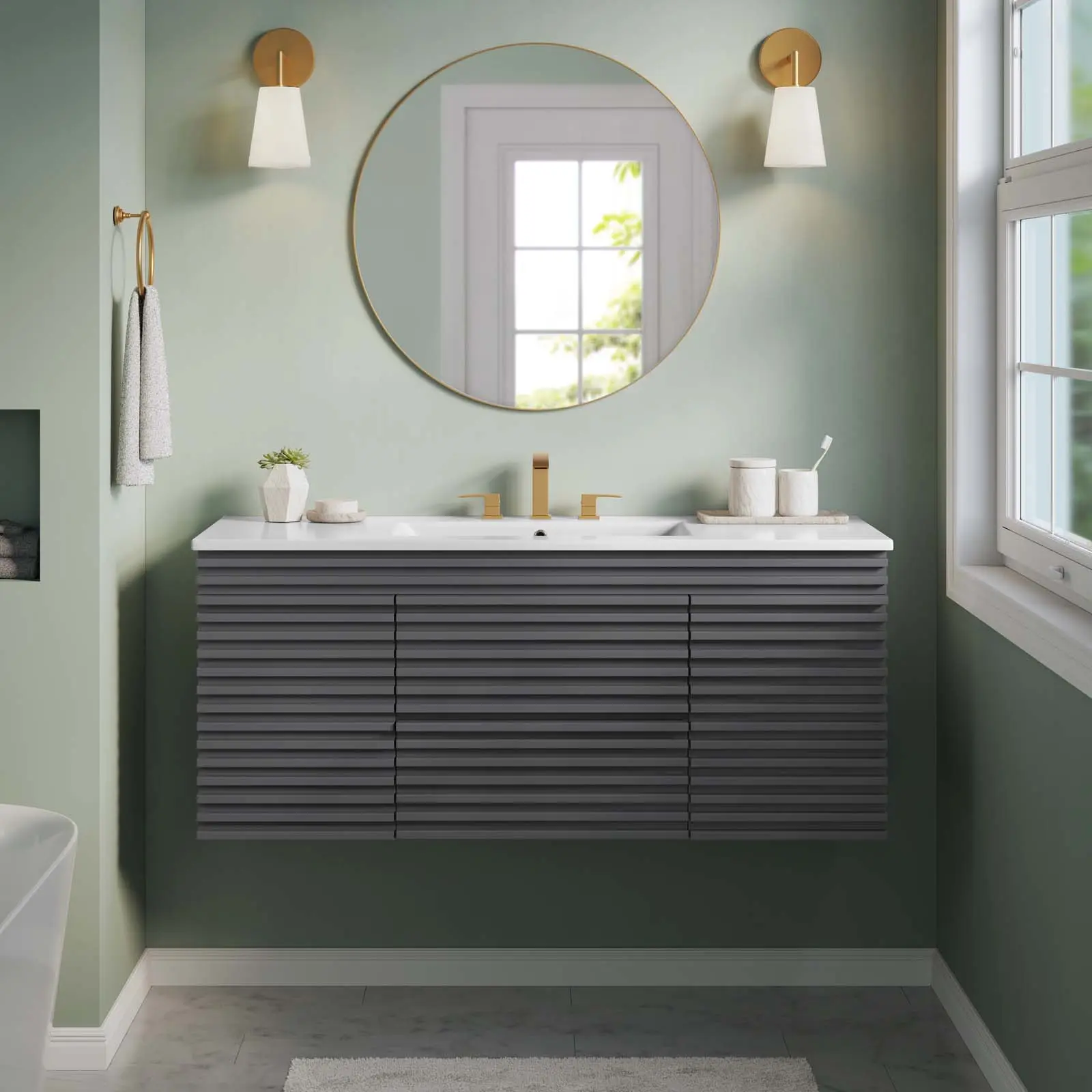 Modway Render Modern 48" Wall-Mount Bathroom Vanity with 48" Ceramic Basin Top, Gray White Particleboard Construction, Soft-Close Hinged Doors, Assembly Required