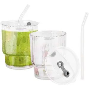 Cups with Lids and Clear Iced Cute Reusable 13oz Thickened Cups Travel Mug with Leak-Sippy Lids for Morning Green Juice, Matcha (2 Pack)