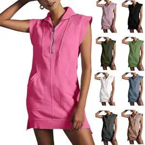 UANEO Women's Half-Zip Sweatshirt Dresses Summer V Neck Sleeveless Pullover Tunic Tops Mini Dress Casual Fashionable Solid Color Zip-Front with Side Pockets