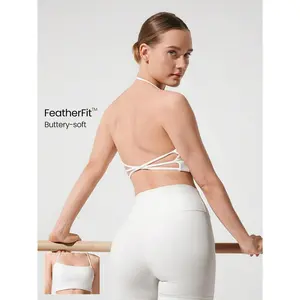 GLOWMODE FeatherFit™ Ready Set Flow Halter Square-Neck Crossover Back Straps Sports Bra Low Impact Yoga Pilates Studio Daily Casual Wear Removable Cups criss cross