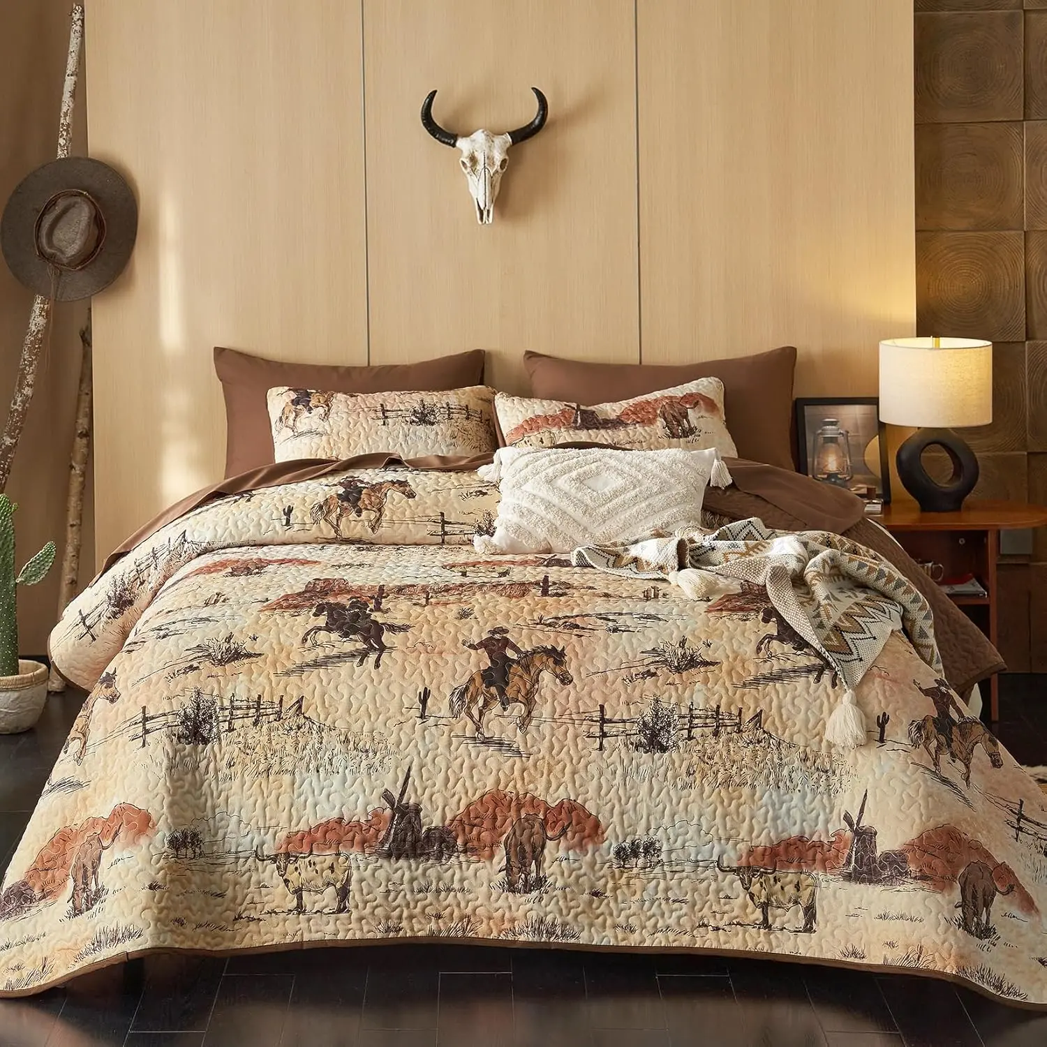 Reversible Western Printed Quilt Set - Rustic Ranch Life Cowboy Design, Rustic Home Decor, Printed Fabric, Country Look, Lightweight Queen/Full Size Bedspread Coverlet, Ochre Brown, Set Includes [X] Pieces, Cowboy Scene