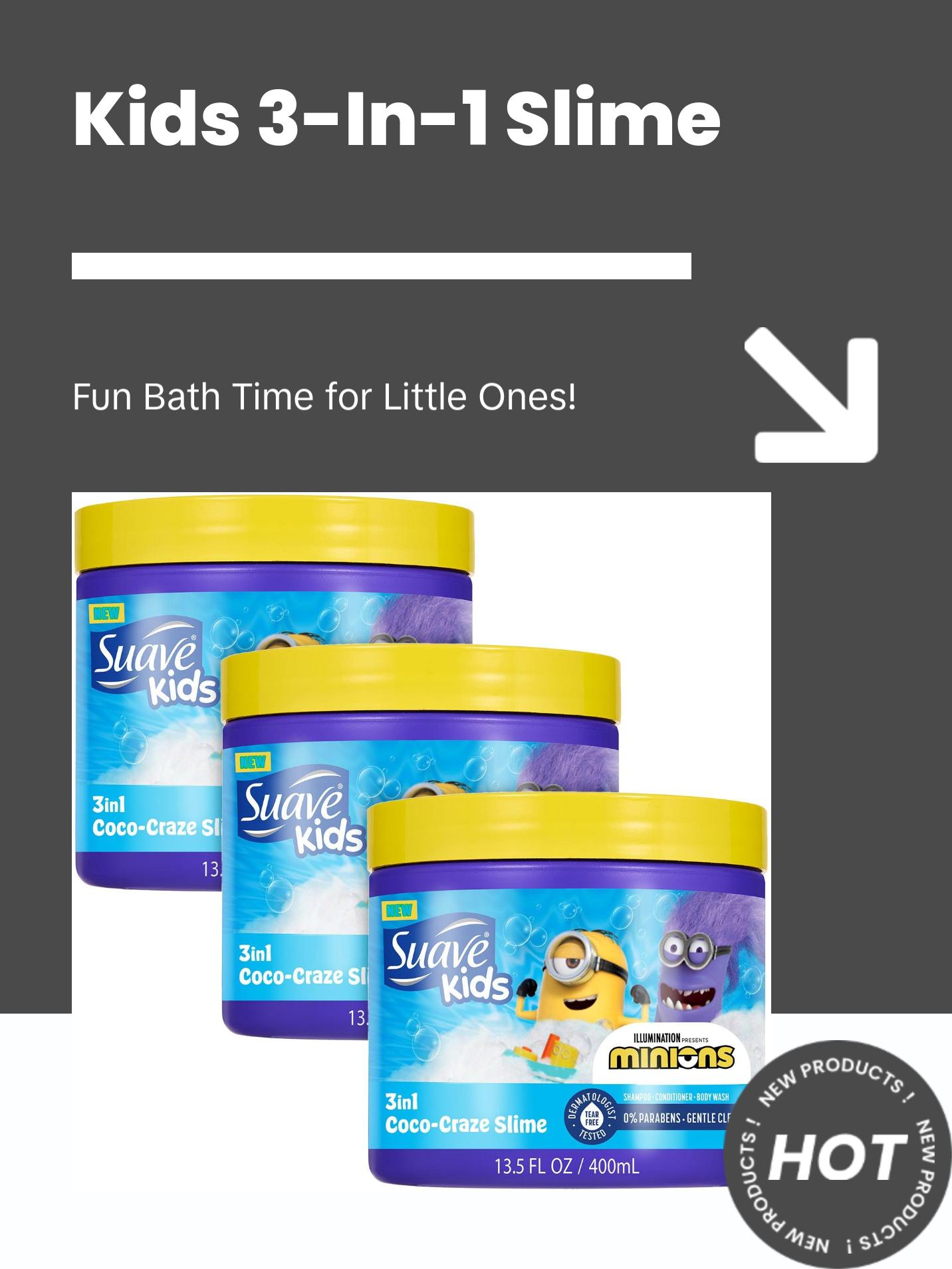 Suave Kids 3-in-1 Coco-Craze Slime 3-Pack — Shampoo, Conditioner + Body Wash for Kids!
